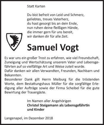Traueranzeige von Samuel Vogt  von Magdeburger Volksstimme