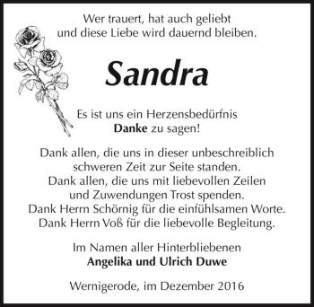 Traueranzeige von Sandra  von Magdeburger Volksstimme