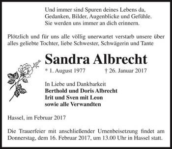 Traueranzeige von Sandra Albrecht  von Magdeburger Volksstimme