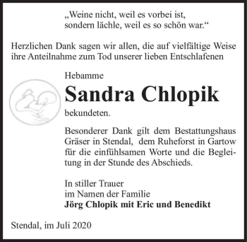 Traueranzeige von Sandra Chlopik  von Magdeburger Volksstimme