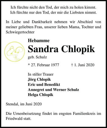 Traueranzeige von Sandra Chlopik (geb. Schulz)  von Magdeburger Volksstimme