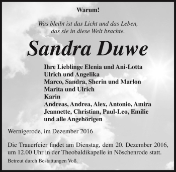 Traueranzeige von Sandra Duwe  von Magdeburger Volksstimme