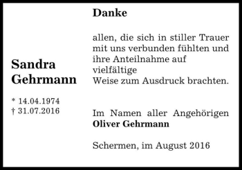 Traueranzeige von Sandra Gehrmann  von Magdeburger Volksstimme