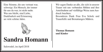 Traueranzeige von Sandra Homann  von Magdeburger Volksstimme