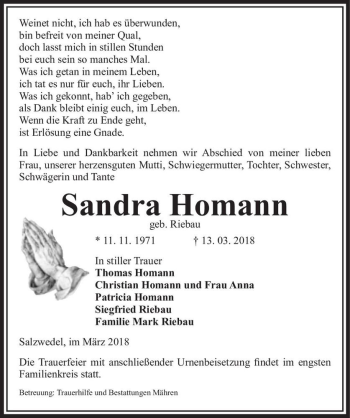 Traueranzeige von Sandra Homann (geb. Riebau)  von Magdeburger Volksstimme