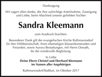Traueranzeige von Sandra Kleemann  von Magdeburger Volksstimme