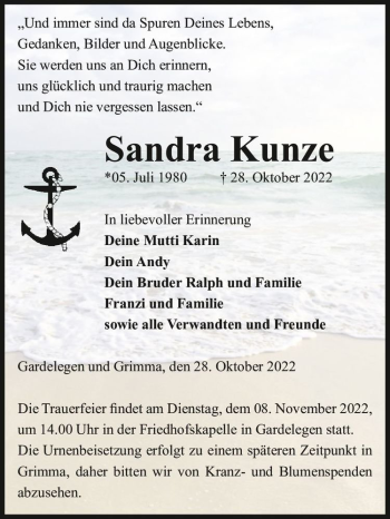 Traueranzeige von Sandra Kunze  von Magdeburger Volksstimme
