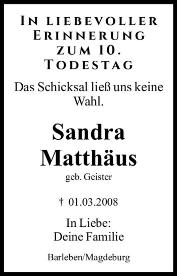 Traueranzeige von Sandra Matthäus (geb. Geister)  von Magdeburger Volksstimme
