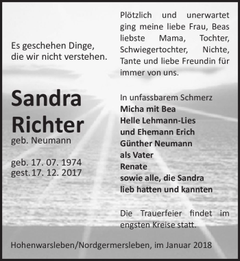 Traueranzeige von Sandra Richter (geb. Neumann)  von Magdeburger Volksstimme