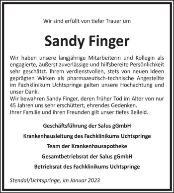 Traueranzeige von Sandy Finger  von Magdeburger Volksstimme