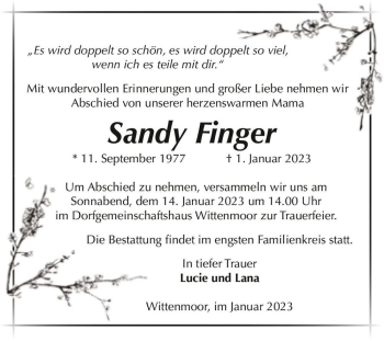 Traueranzeige von Sandy Finger  von Magdeburger Volksstimme