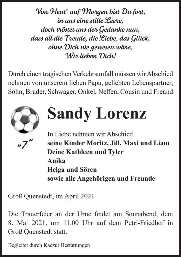  Traueranzeige für Sandy Lorenz  vom 28.04.2021 aus Magdeburger Volksstimme