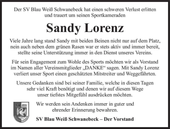 Traueranzeige von Sandy Lorenz  von Magdeburger Volksstimme