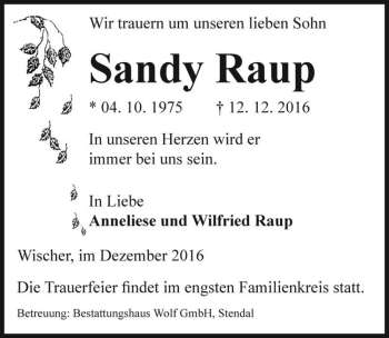 Traueranzeige von Sandy Raup  von Magdeburger Volksstimme