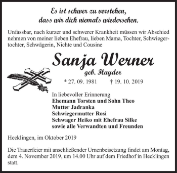 Traueranzeige von Sanja Werner (geb. Hayder)  von Magdeburger Volksstimme