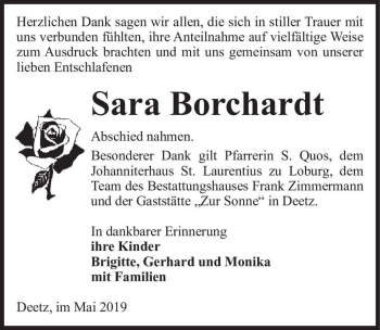Traueranzeige von Sara Borchardt  von Magdeburger Volksstimme