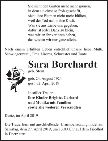 Traueranzeige von Sara Borchardt (geb. Stern)  von Magdeburger Volksstimme