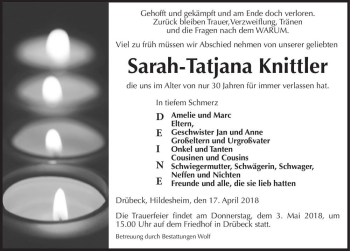 Traueranzeige von Sarah-Tatjana Knittler  von Magdeburger Volksstimme