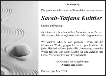 Traueranzeige von Sarah-Tatjana Knittler  von Magdeburger Volksstimme