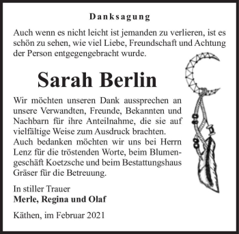 Traueranzeige von Sarah Berlin  von Magdeburger Volksstimme