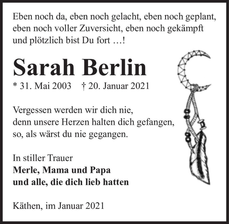  Traueranzeige für Sarah Berlin  vom 26.01.2021 aus Magdeburger Volksstimme