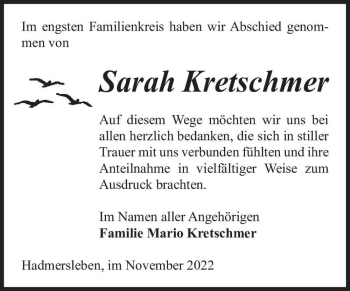 Traueranzeige von Sarah Kretschmer  von Magdeburger Volksstimme