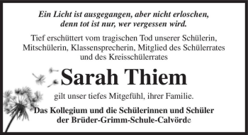 Traueranzeige von Sarah Thiem  von Magdeburger Volksstimme