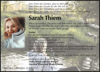 Traueranzeige von Sarah Thiem  von Magdeburger Volksstimme
