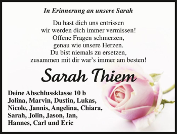 Traueranzeige von Sarah Thiem  von Magdeburger Volksstimme