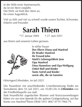 Traueranzeige von Sarah Thiem  von Magdeburger Volksstimme