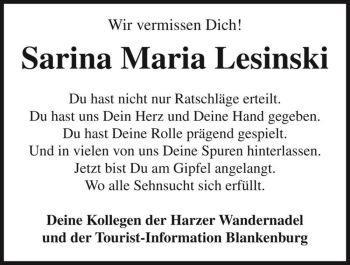 Traueranzeige von Sarina Maria Lesinski  von Magdeburger Volksstimme
