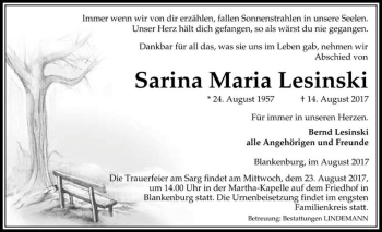 Traueranzeige von Sarina Maria Lesinski  von Magdeburger Volksstimme