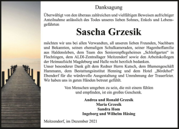 Traueranzeige von Sascha Grzesik  von Magdeburger Volksstimme