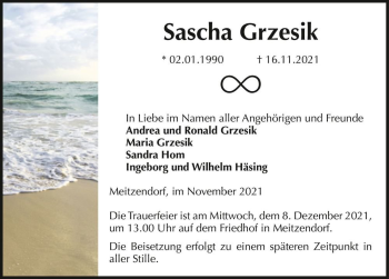 Traueranzeige von Sascha Grzesik  von Magdeburger Volksstimme