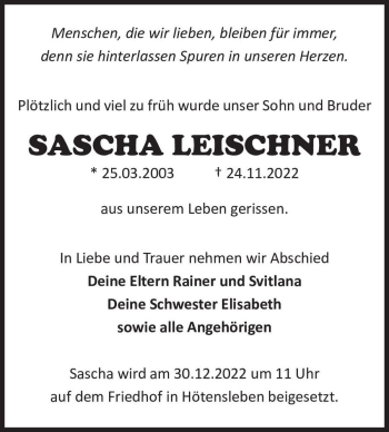 Traueranzeige von Sascha Leischner  von Magdeburger Volksstimme