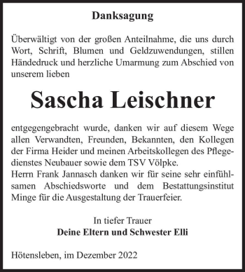 Traueranzeige von Sascha Leischner  von Magdeburger Volksstimme