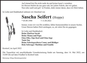 Traueranzeige von Sascha Seifert (Hoppe)  von Magdeburger Volksstimme