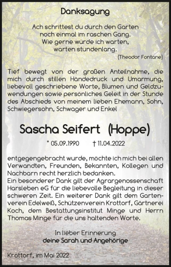 Traueranzeige von Sascha Seifert ( Hoppe )  von Magdeburger Volksstimme