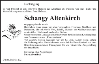 Traueranzeige von Schangy Altenkirch  von Magdeburger Volksstimme