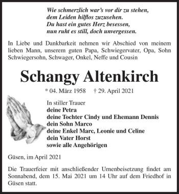 Traueranzeige von Schangy Altenkirch  von Magdeburger Volksstimme
