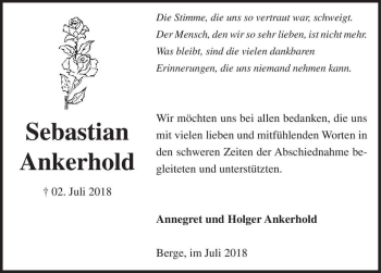 Traueranzeige von Sebastian Ankerhold  von Magdeburger Volksstimme