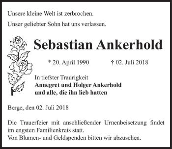 Traueranzeige von Sebastian Ankerhold  von Magdeburger Volksstimme