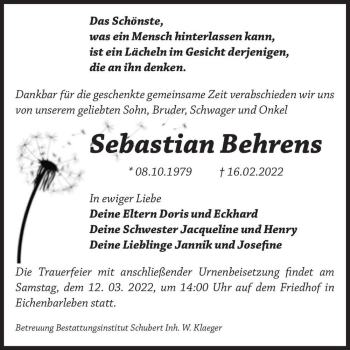 Traueranzeige von Sebastian Behrens  von Magdeburger Volksstimme