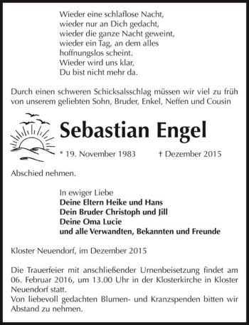 Traueranzeige von Sebastian Engel  von Magdeburger Volksstimme