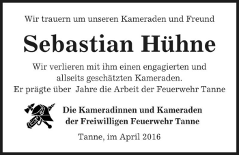 Traueranzeige von Sebastian Hühne  von Magdeburger Volksstimme