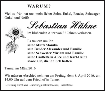 Traueranzeige von Sebastian Hühne  von Magdeburger Volksstimme