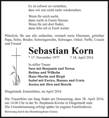 Traueranzeige von Sebastian Korn  von Magdeburger Volksstimme