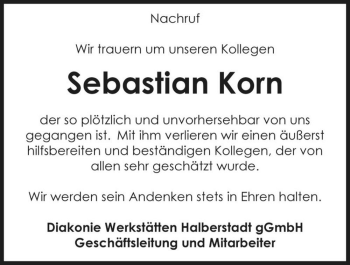 Traueranzeige von Sebastian Korn  von Magdeburger Volksstimme