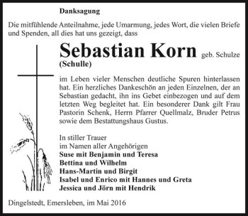 Traueranzeige von Sebastian Korn (geb. Schulze) 