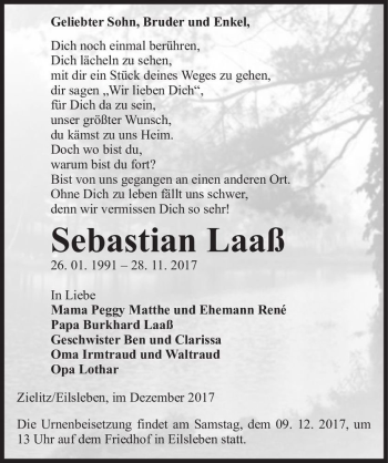 Traueranzeige von Sebastian Laaß  von Magdeburger Volksstimme